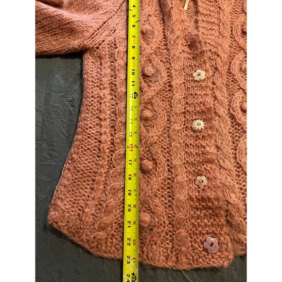 Free People Pink Mohair Blend Cable Knit Cardigan Sweater Size mMBoho - Picture 7 of 8